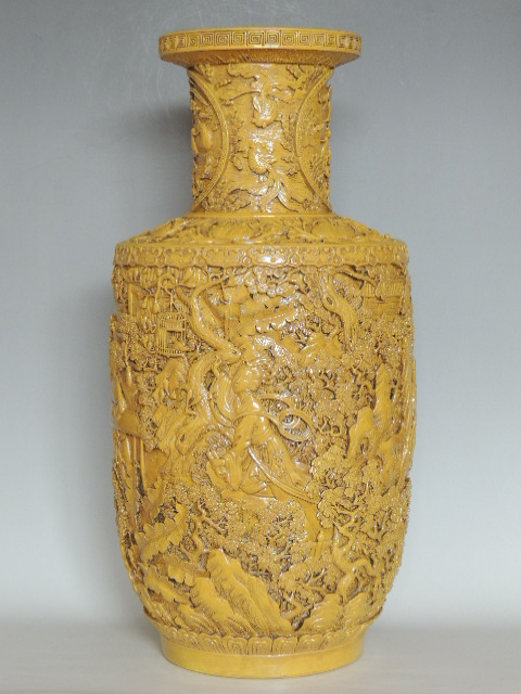 乾隆年制黄釉高浮雕皇家园林纹棒槌瓶- 清代瓷器- 精品瓷器- 藏品商城 